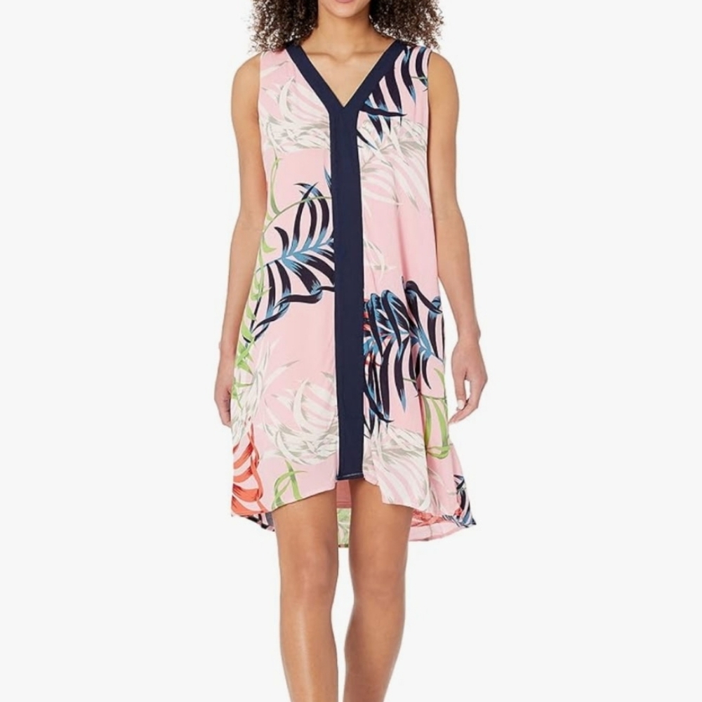 Caribbean Joe Womens Bahama Vacation Floral Dress Y Yoke Neck Medium NWT New